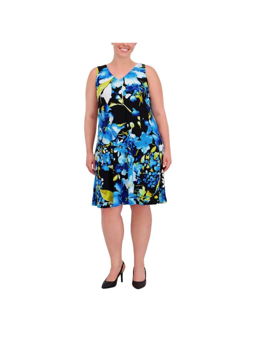 Anne Klein Womens XL Sleeveless Black Tropical Blue Floral Dress